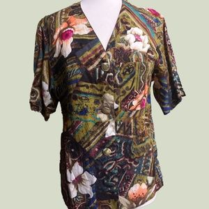 MaxMara Floral Linen Button Down Short Sleeve Top